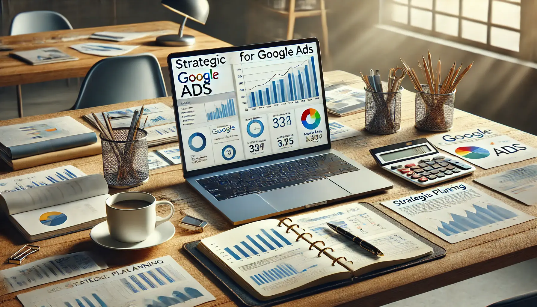 An organized workspace with a laptop showing Google Ads analytics, surrounded by charts, graphs, a notebook, and a coffee cup on a wooden desk.