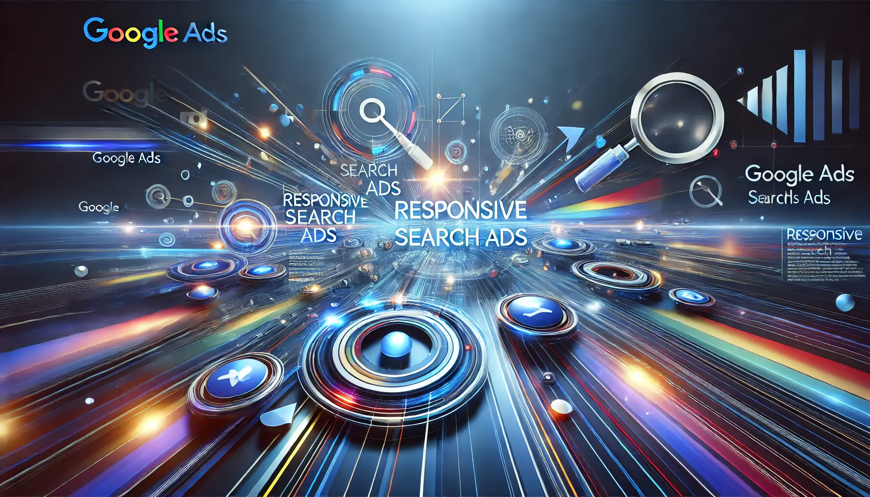 Abstract representation of digital marketing innovations, focusing on responsive search ads with vibrant elements and glowing patterns.