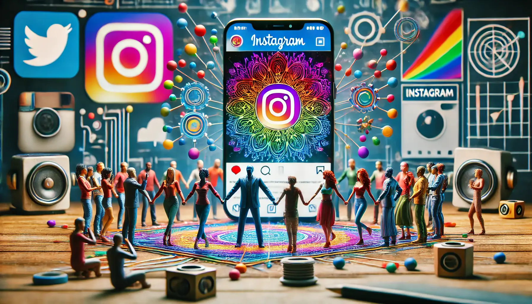 A vibrant depiction of diverse people rallying together with a smartphone displaying Instagram ads promoting equality and change.