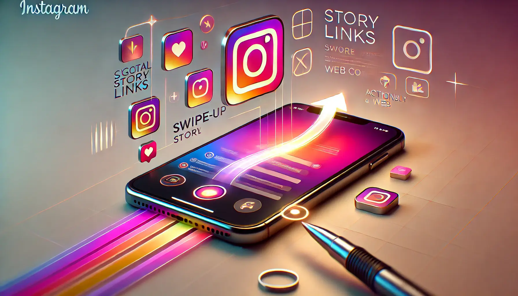 A sleek Instagram interface showcasing the Story Links feature with vibrant gradients and a swipe-up motion leading to a website.