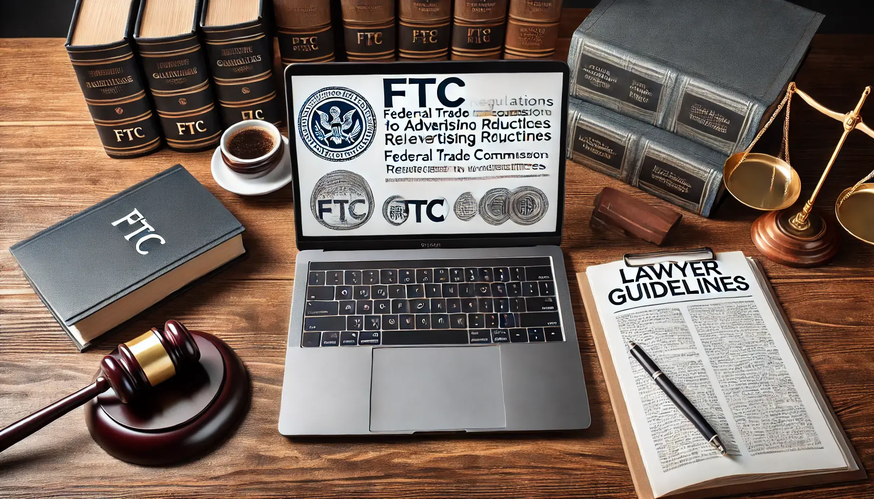 A professional office desk with a laptop displaying a document about FTC regulations for advertising practices, surrounded by legal books, a gavel, and a coffee cup.