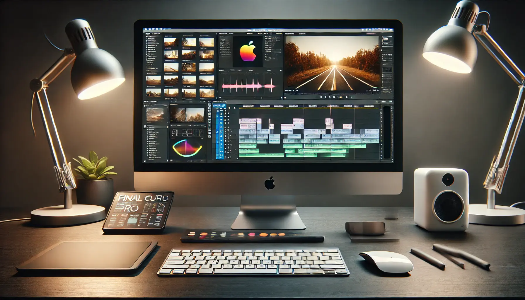 A modern video editing workspace with an iMac displaying Final Cut Pro's interface, featuring a timeline with clips and effects.