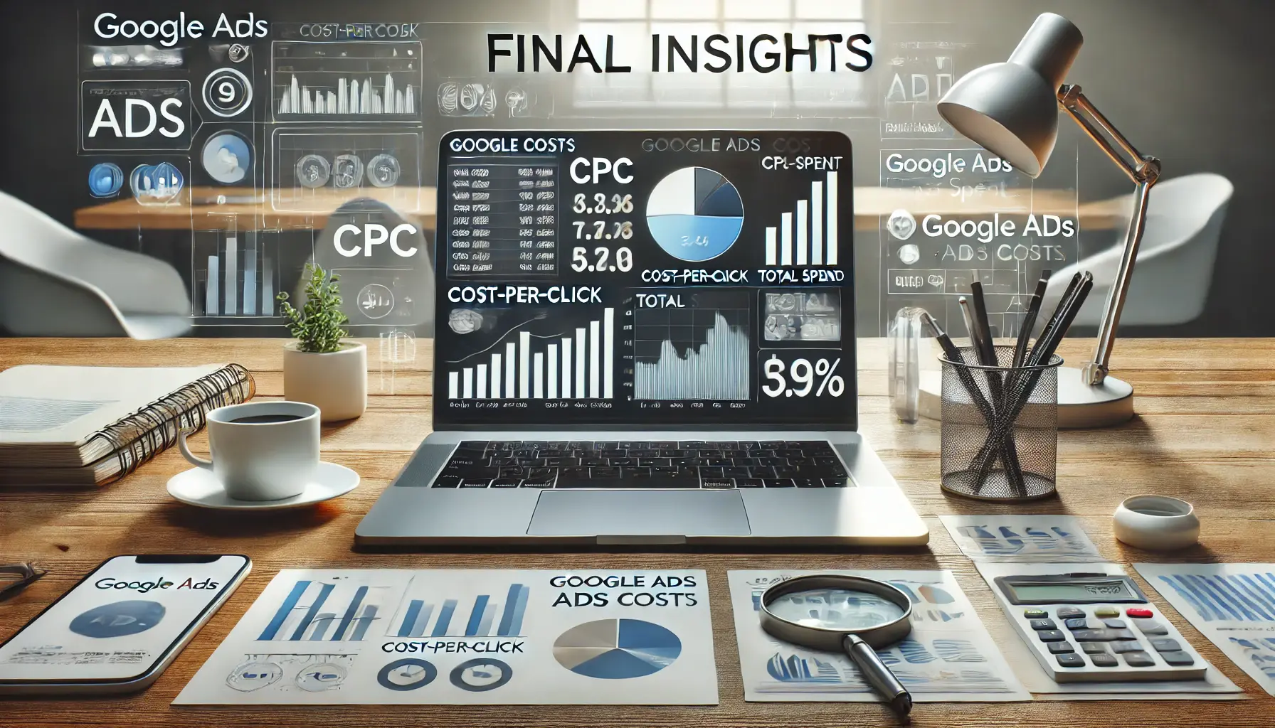 A digital marketing workspace showing a laptop with a dashboard displaying ad cost metrics like CPC, total spend, and conversion rates.