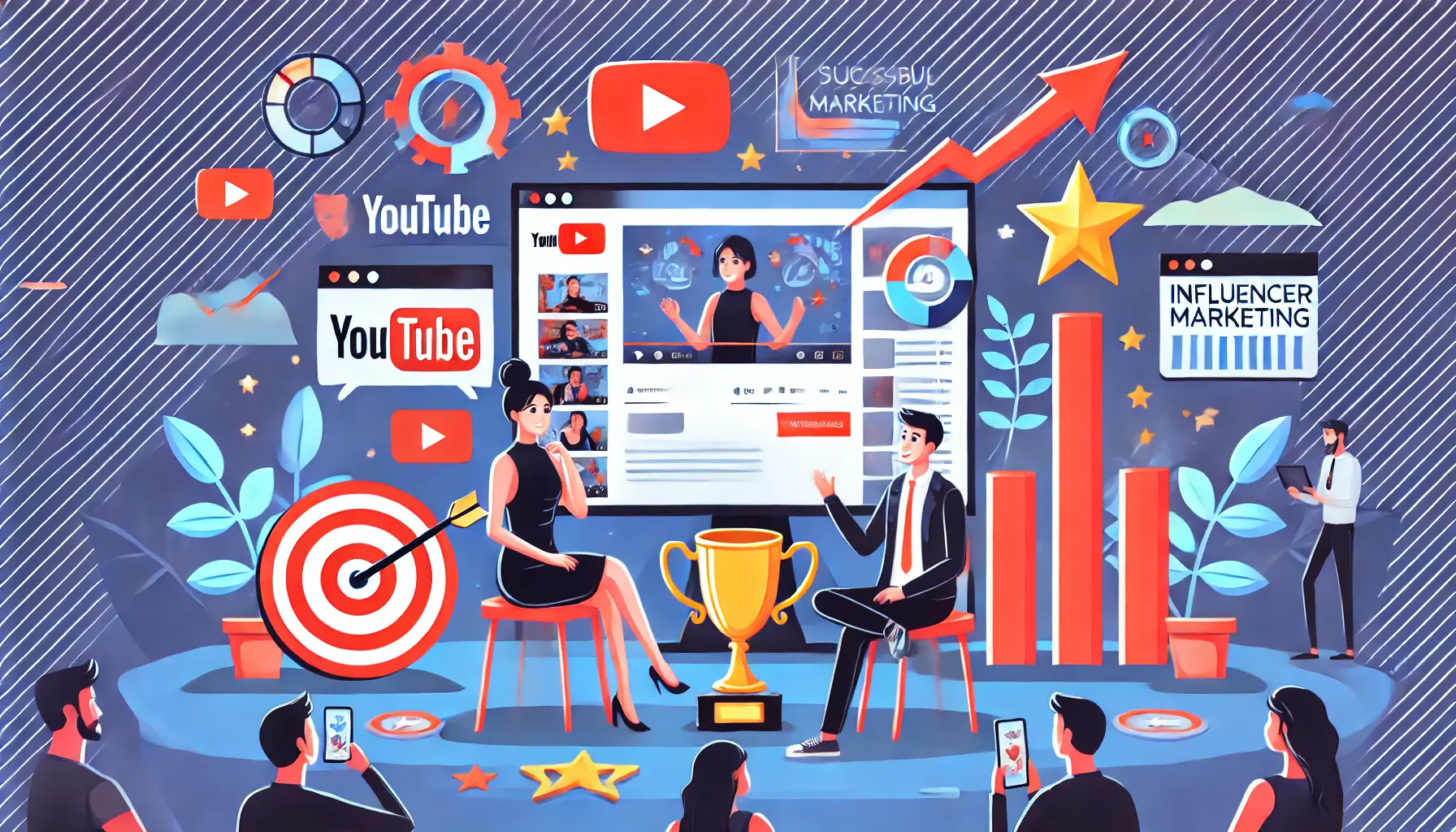 An illustration of a content creator and marketer reflecting on a completed influencer marketing campaign, with visuals of a successful YouTube video and growth charts.