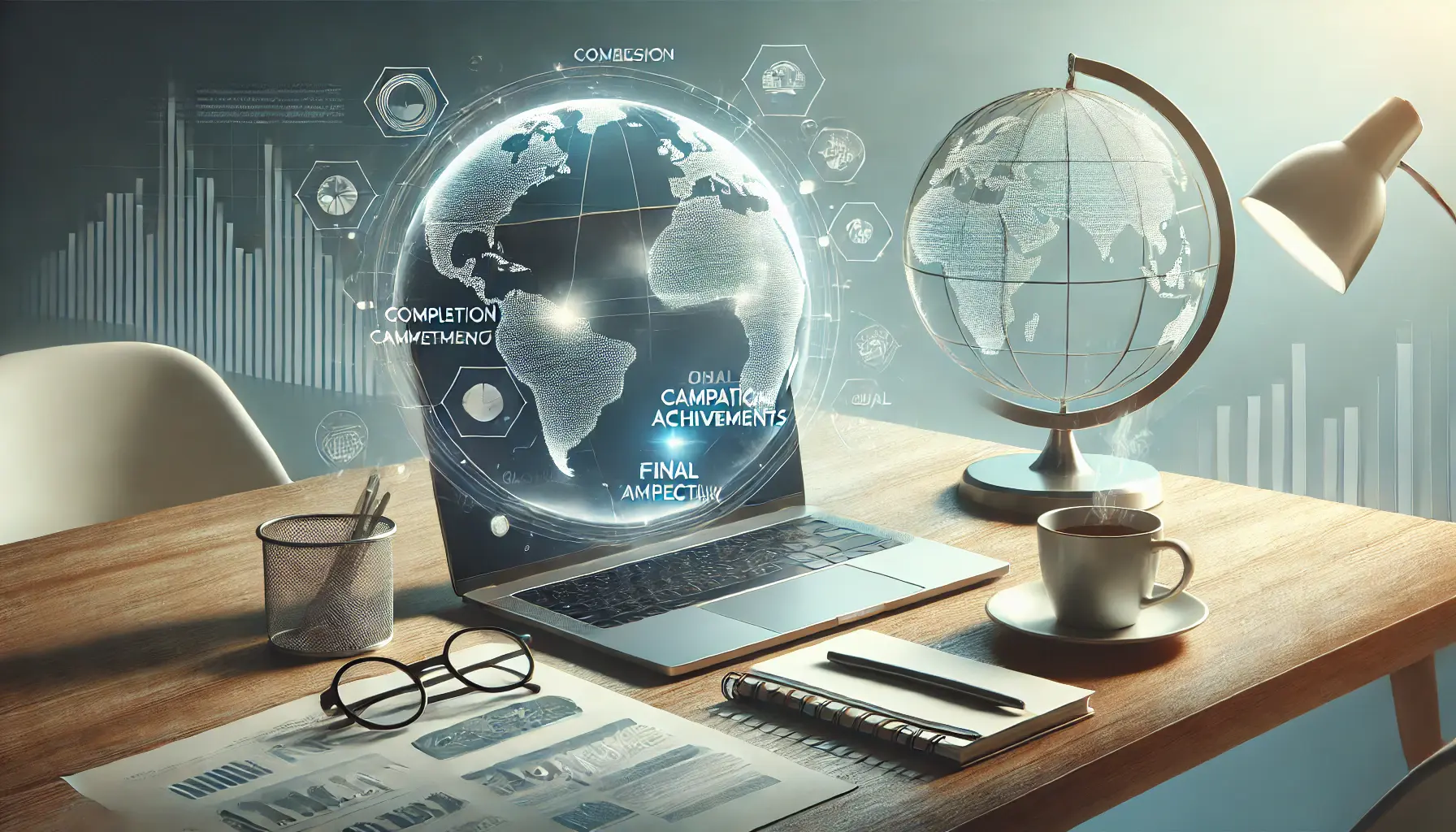 Modern office desk with a laptop showing campaign achievements, a globe, notebook, and coffee cup.