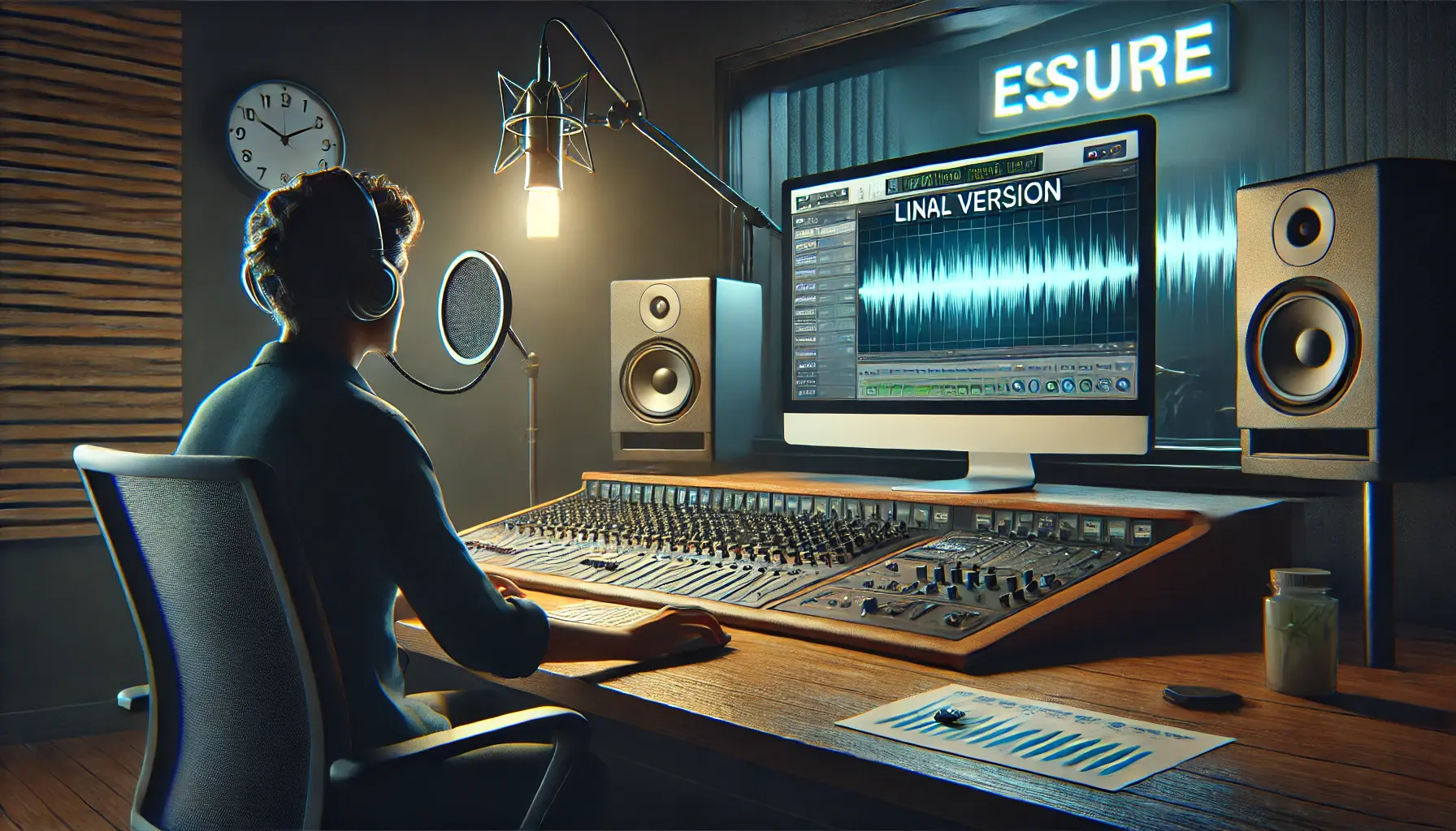 A sound engineer reviewing the final voiceover recording on a computer, making last adjustments, with a recording booth in the background.