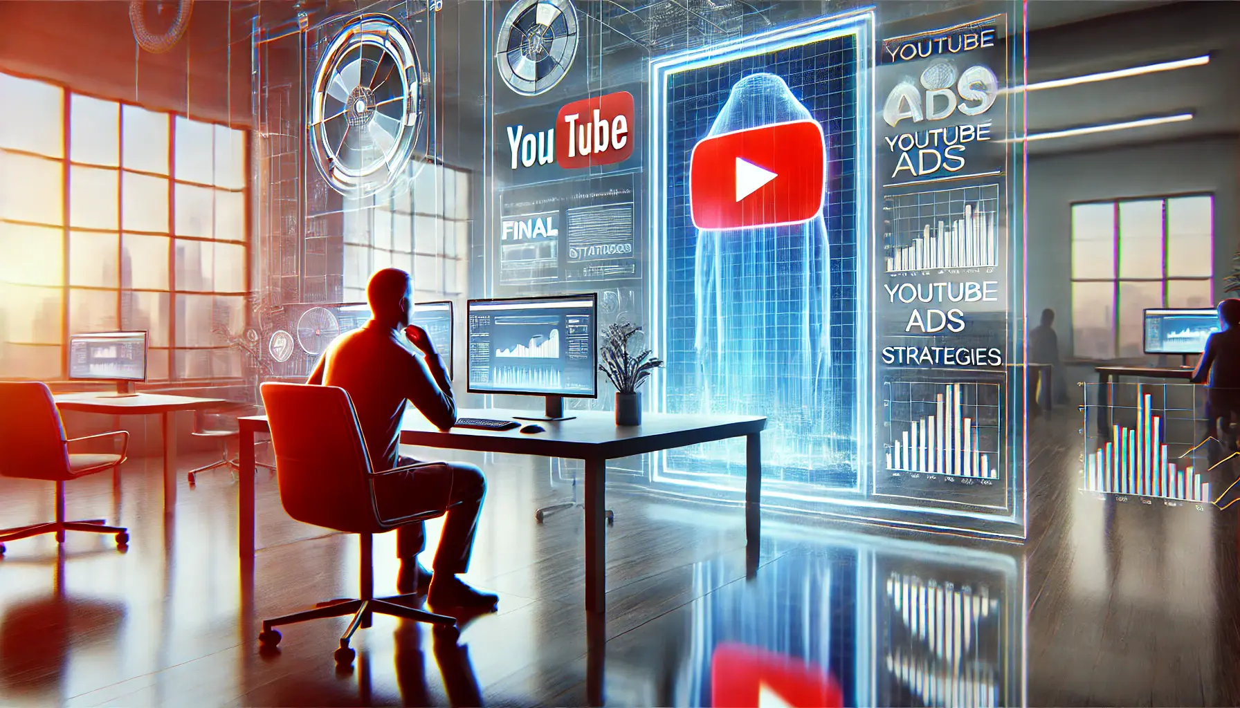 An illustration of a digital workspace with a person reflecting on YouTube Ads data, symbolizing final thoughts and decision-making.