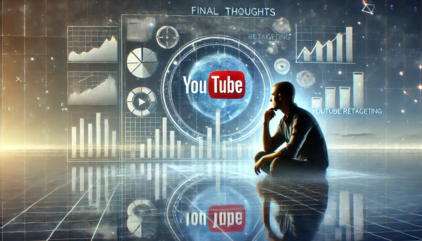 An image symbolizing final thoughts on YouTube retargeting strategies, featuring a digital workspace with data analysis tools and a thoughtful digital marketer.