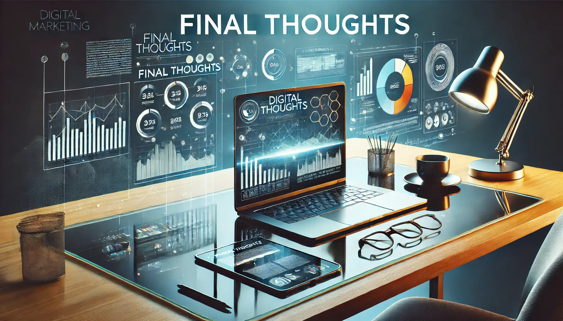 Visualization of final thoughts in digital marketing with a workspace showing data insights and performance metrics.