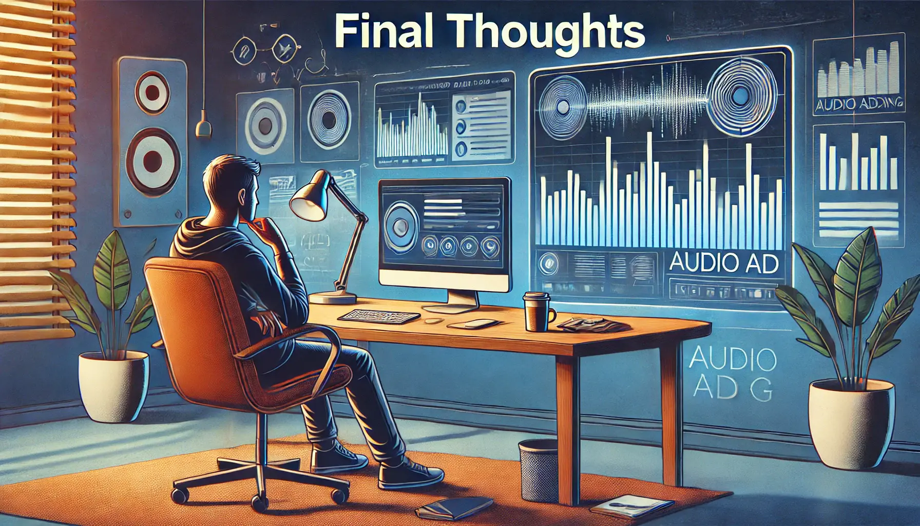 A digital illustration of a person sitting at a desk, thoughtfully looking at a screen displaying audio ad performance analytics, in a calm and modern office environment.