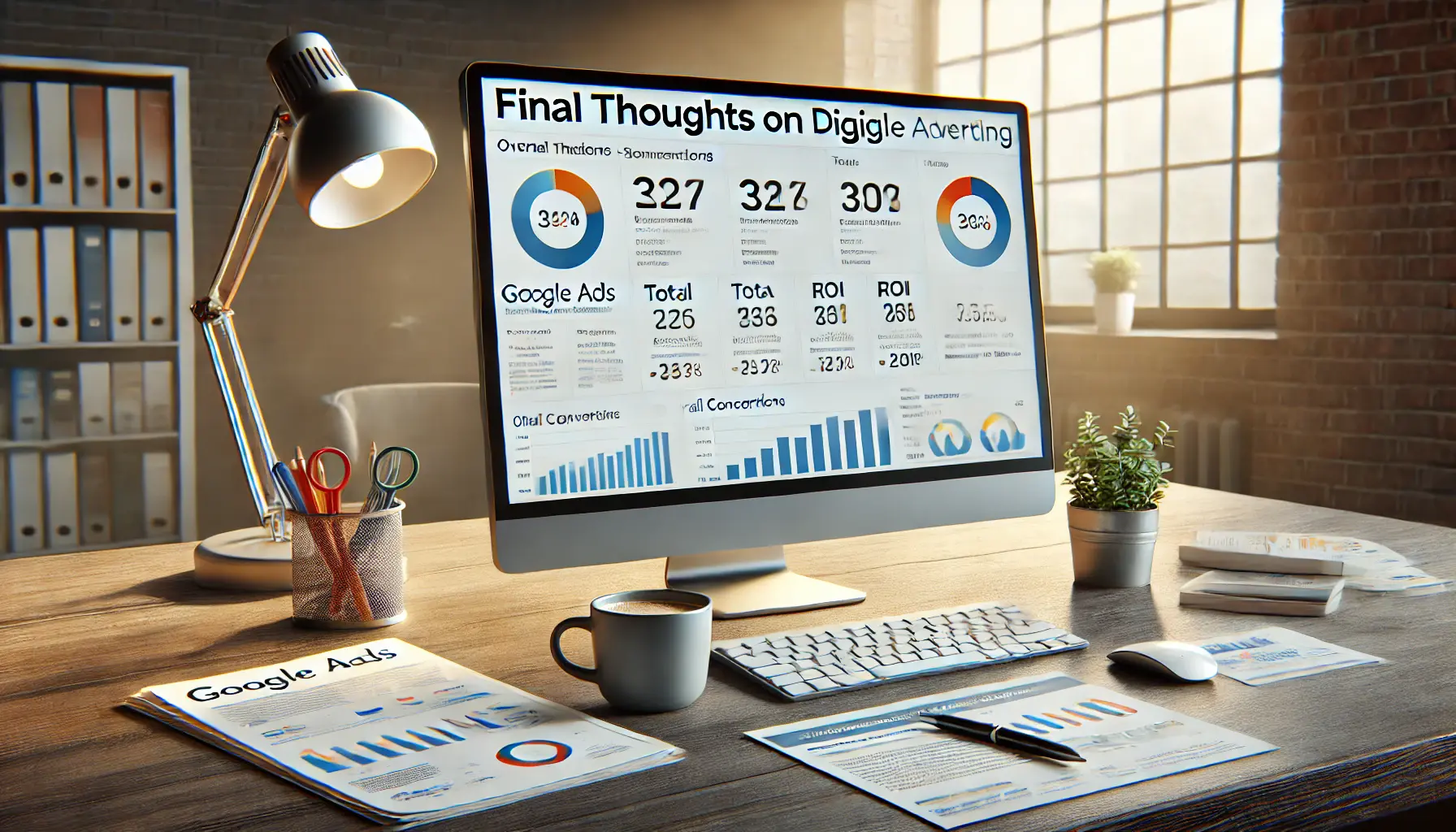 A workspace featuring a computer with a summary dashboard of Google Ads campaigns, printed reports summarizing key findings, and a cup of coffee.