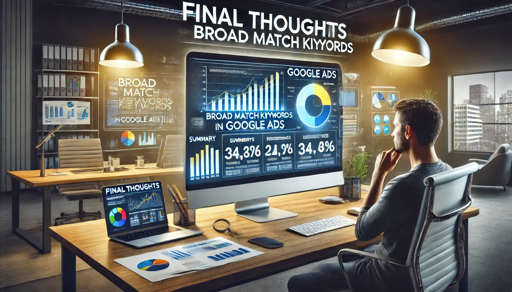 A digital workspace showing a marketer reflecting on campaign performance, with summary charts and graphs on the computer screen.