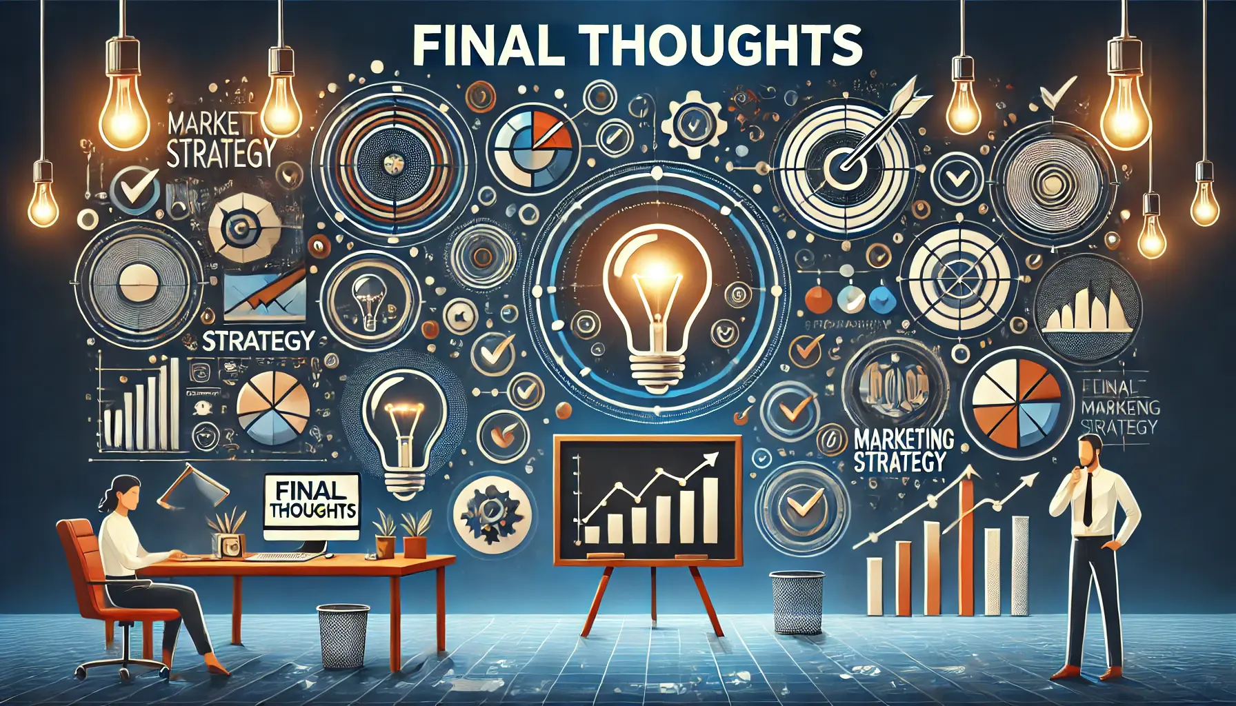 An image representing final thoughts in marketing strategy, with elements like a strategy board, decision-making icons, and growth graphs symbolizing reflection and evaluation.