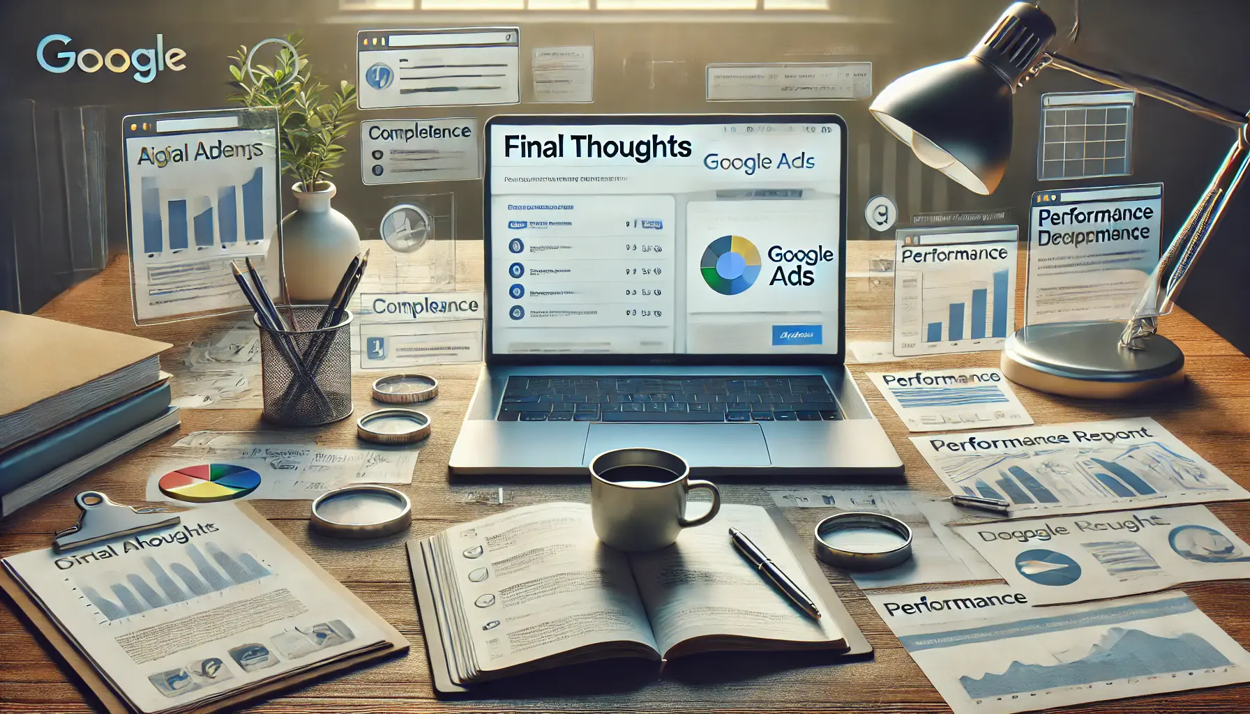 A digital marketing workspace symbolizing final thoughts in advertising, with a laptop, checklist, notebook, and coffee cup.