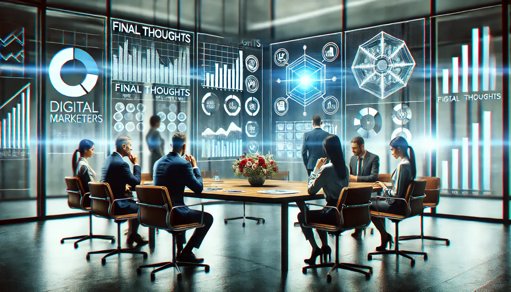 A group of digital marketers in a meeting room, engaged in a thoughtful discussion with a digital screen displaying charts and performance metrics in the background.