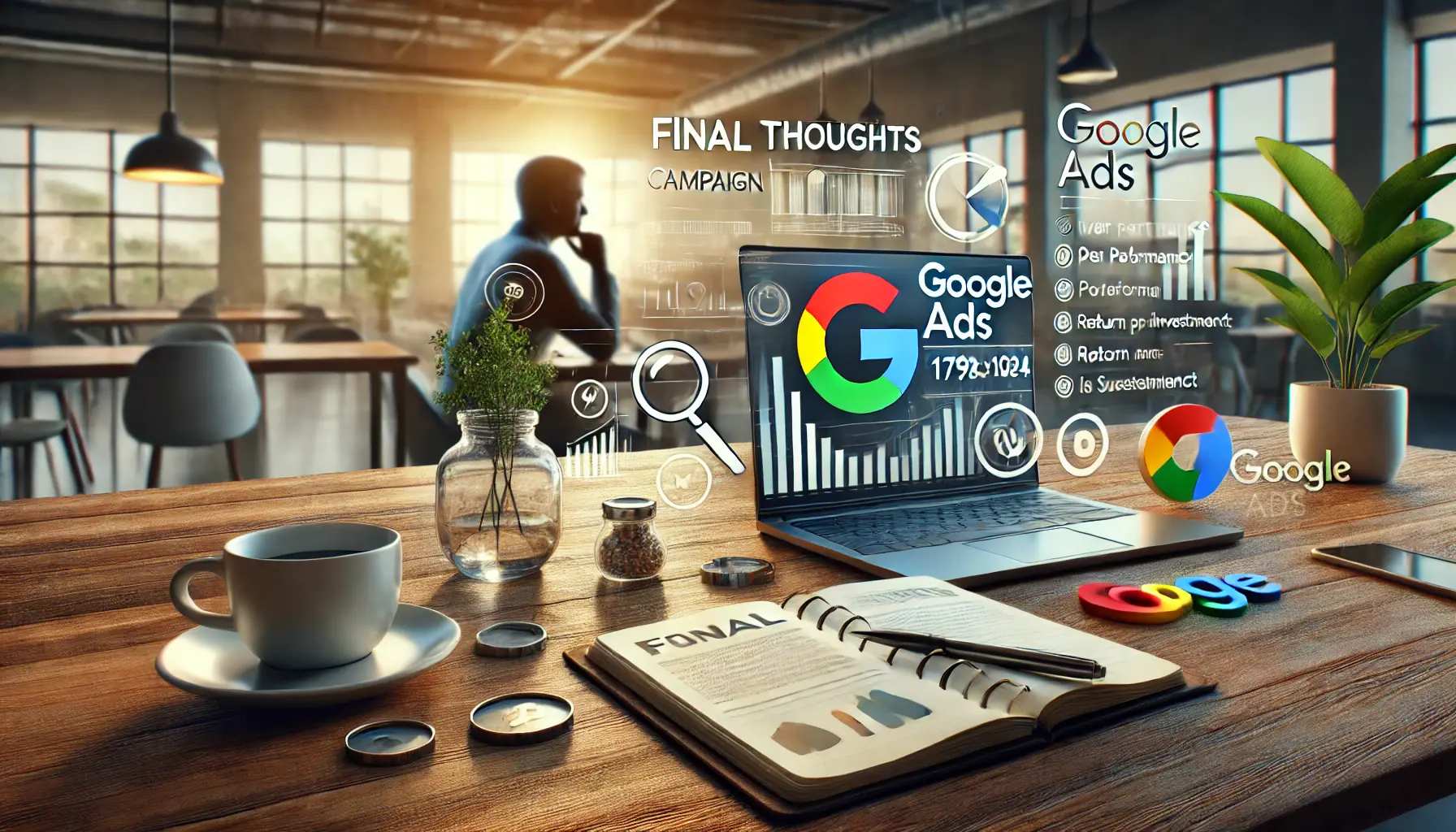 A digital marketer reflecting on the outcomes of a Google Ads campaign, with a laptop displaying key insights like performance and return on investment, and a modern office setting with a notebook, pen, and coffee cup on the desk.