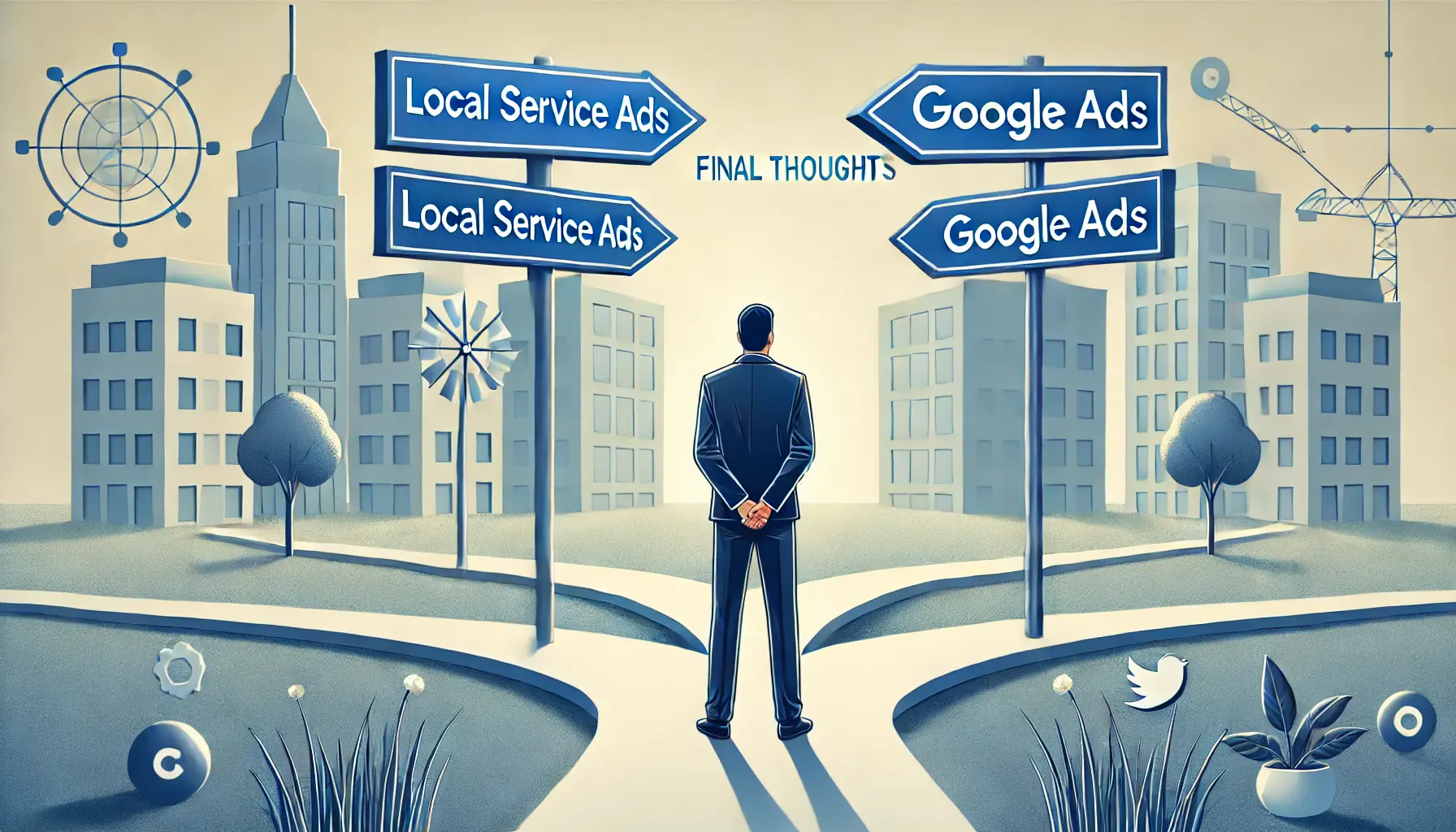 An illustration showing a business person at a crossroads, reflecting on the decision between Local Service Ads and Google Ads.