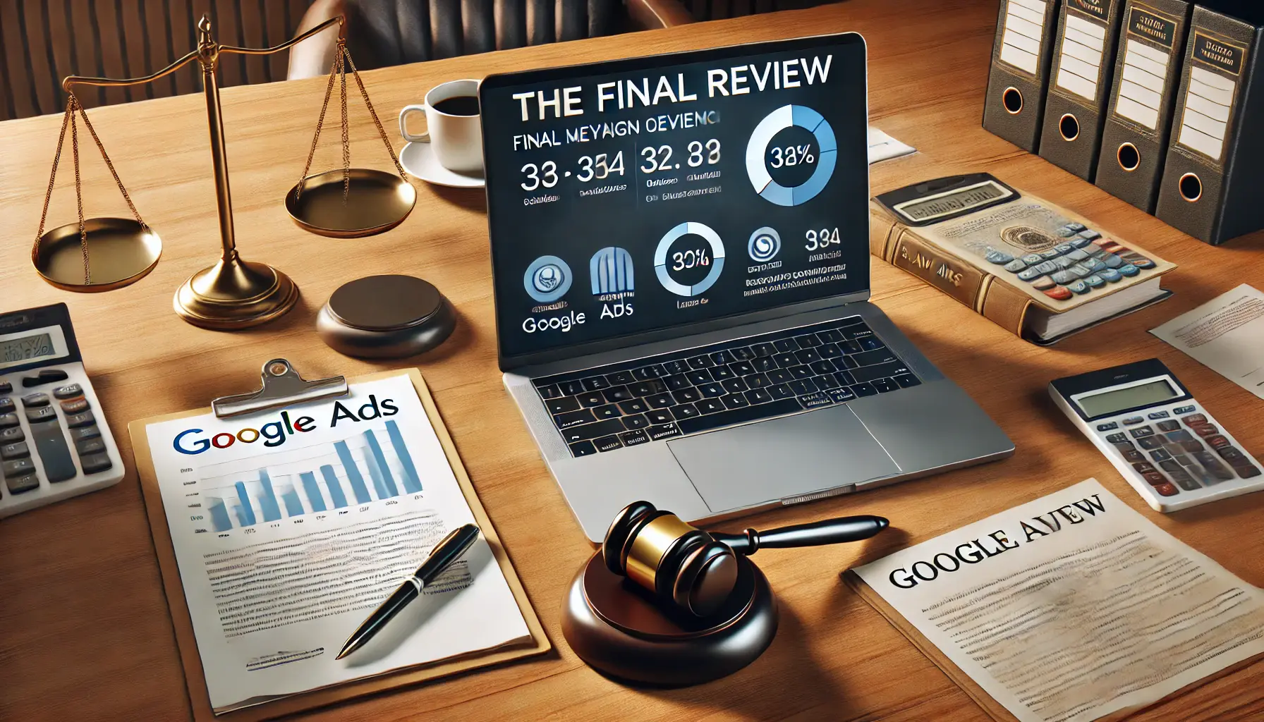 A modern office desk with a laptop displaying the final review of a Google Ads campaign for a law firm, with legal documents, a gavel, a coffee cup, and a smartphone nearby.