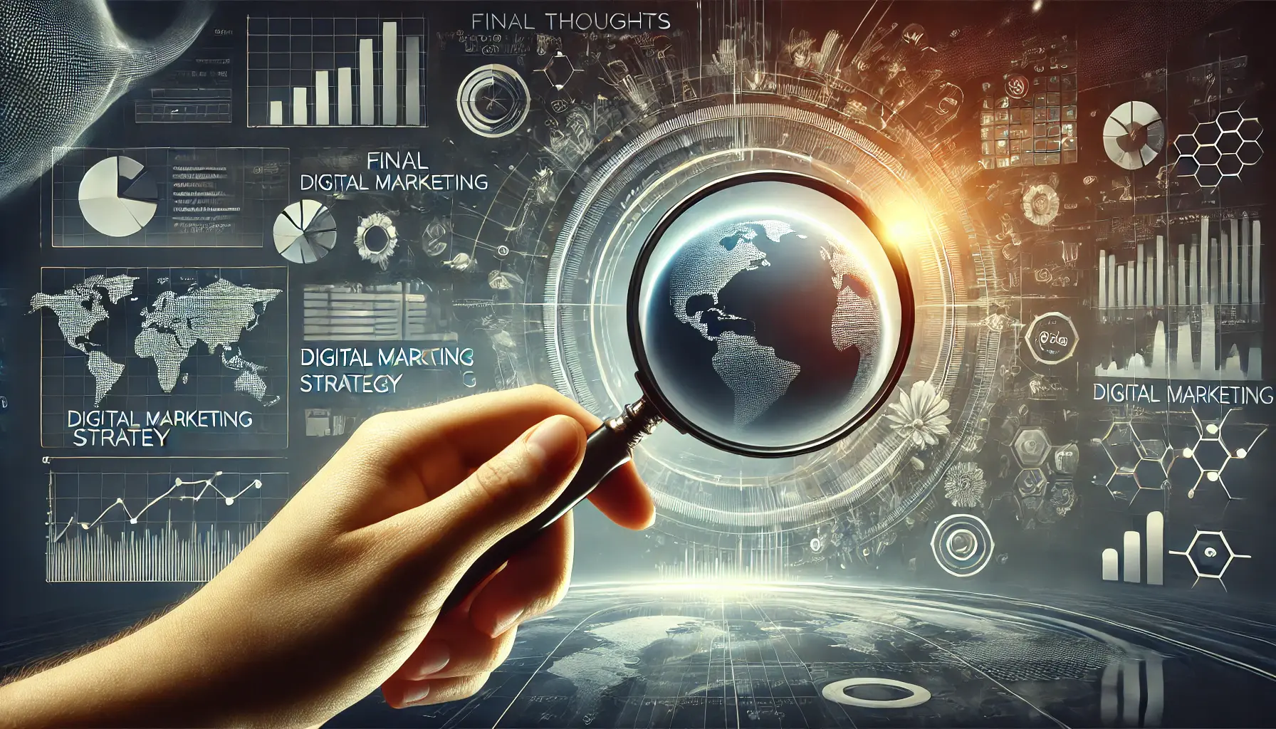 Illustration showing a magnifying glass focusing on a digital marketing strategy plan, symbolizing final analysis and reflection.