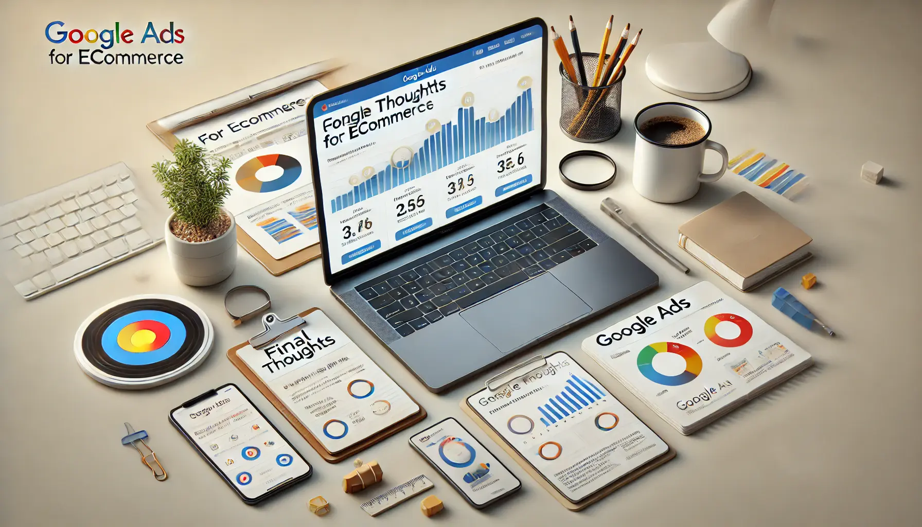 A clean desk with a laptop displaying the Google Ads dashboard, surrounded by a notepad with notes, a smartphone with key metrics, and a coffee mug in a bright, modern workspace.