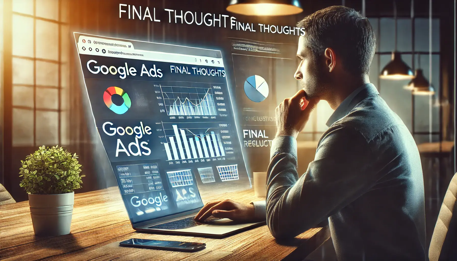 A digital marketing workspace showing a professional reflecting on Google Ads performance metrics, with a laptop displaying charts and insights.