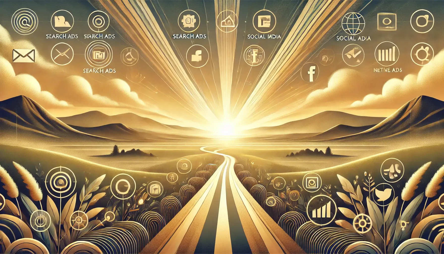 A serene digital landscape symbolizing final thoughts in digital marketing, with a road leading to a horizon and surrounding icons of digital marketing strategies.