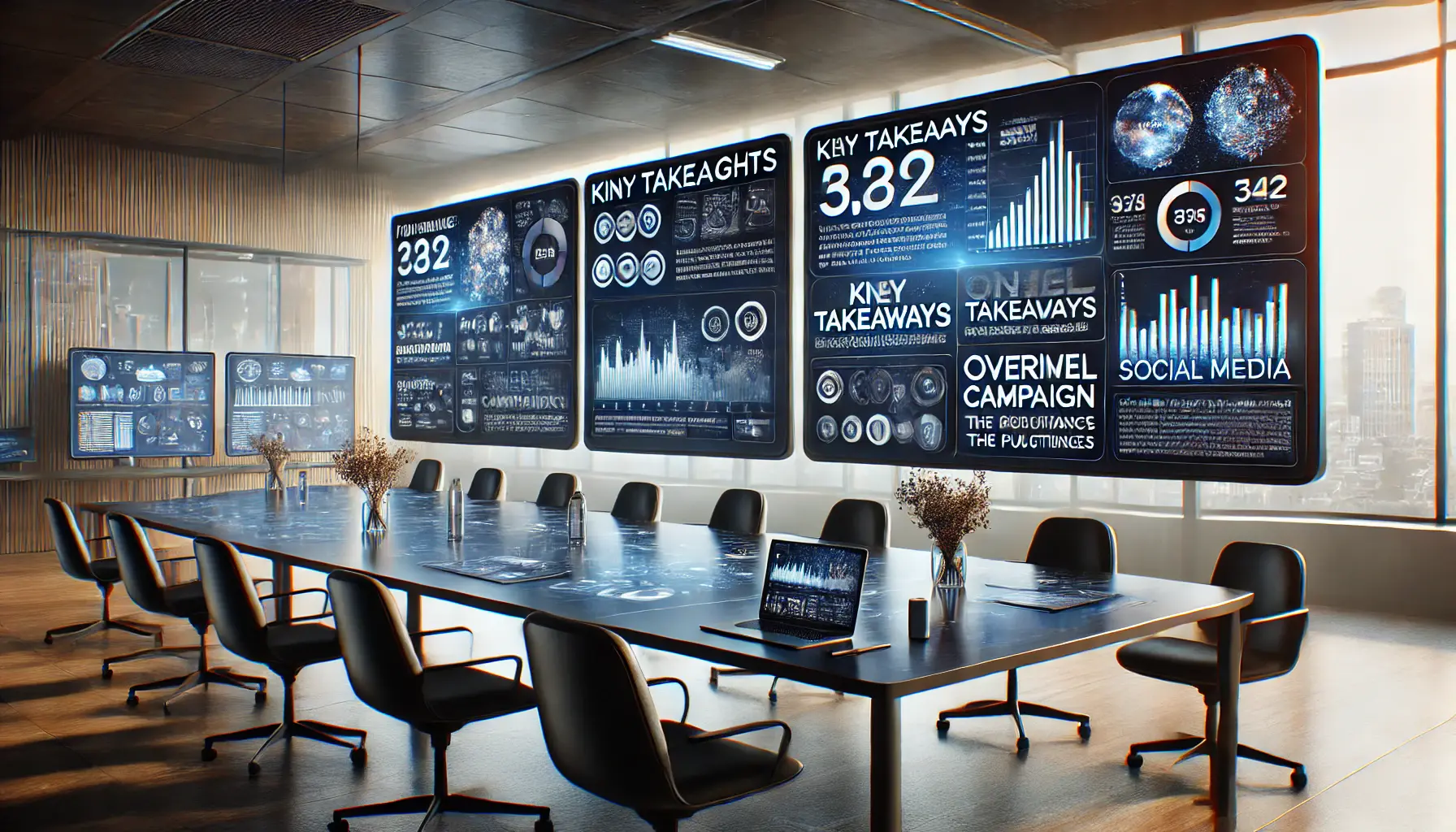 A modern digital workspace showcasing key takeaways and final thoughts from social media analytics, with screens displaying campaign performance insights and conclusions.