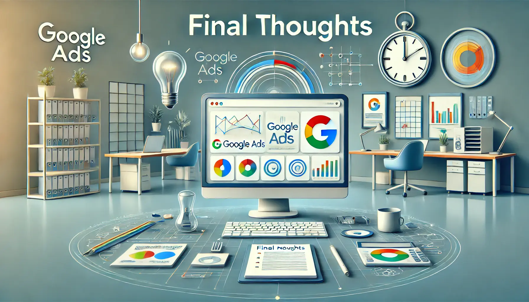 A modern office with a computer displaying a Google Ads dashboard, surrounded by symbols like a lightbulb for insights, a notepad for final notes, and a clock symbolizing reflection.