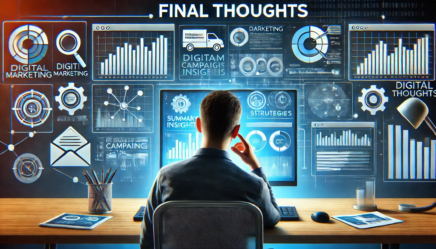 An illustration of a marketer reflecting on final thoughts, analyzing performance metrics and campaign insights on a digital screen.