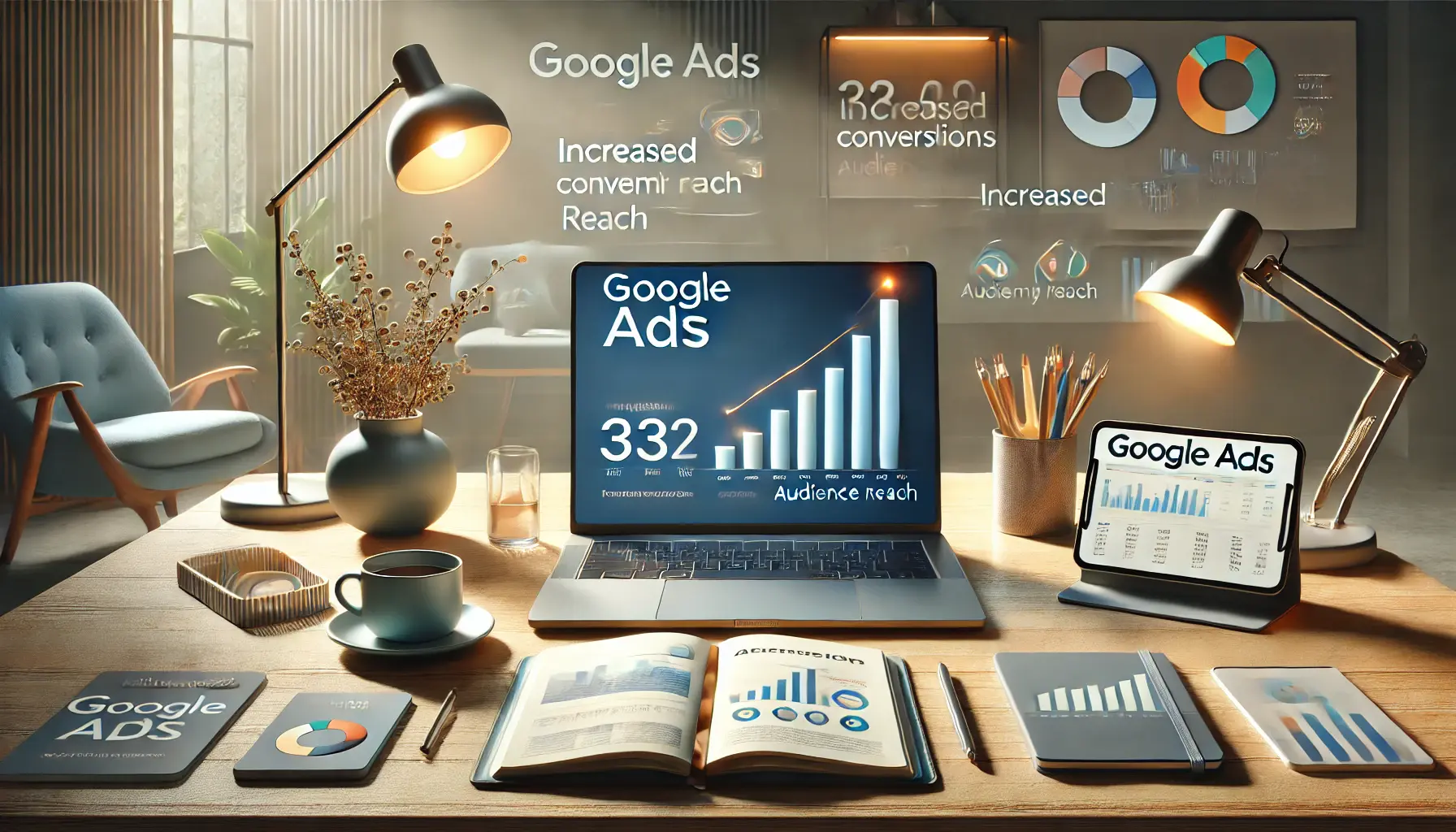 An image showing a laptop with a campaign summary report for Google Ads, surrounded by tools like a tablet and notebook in a therapy office setting.