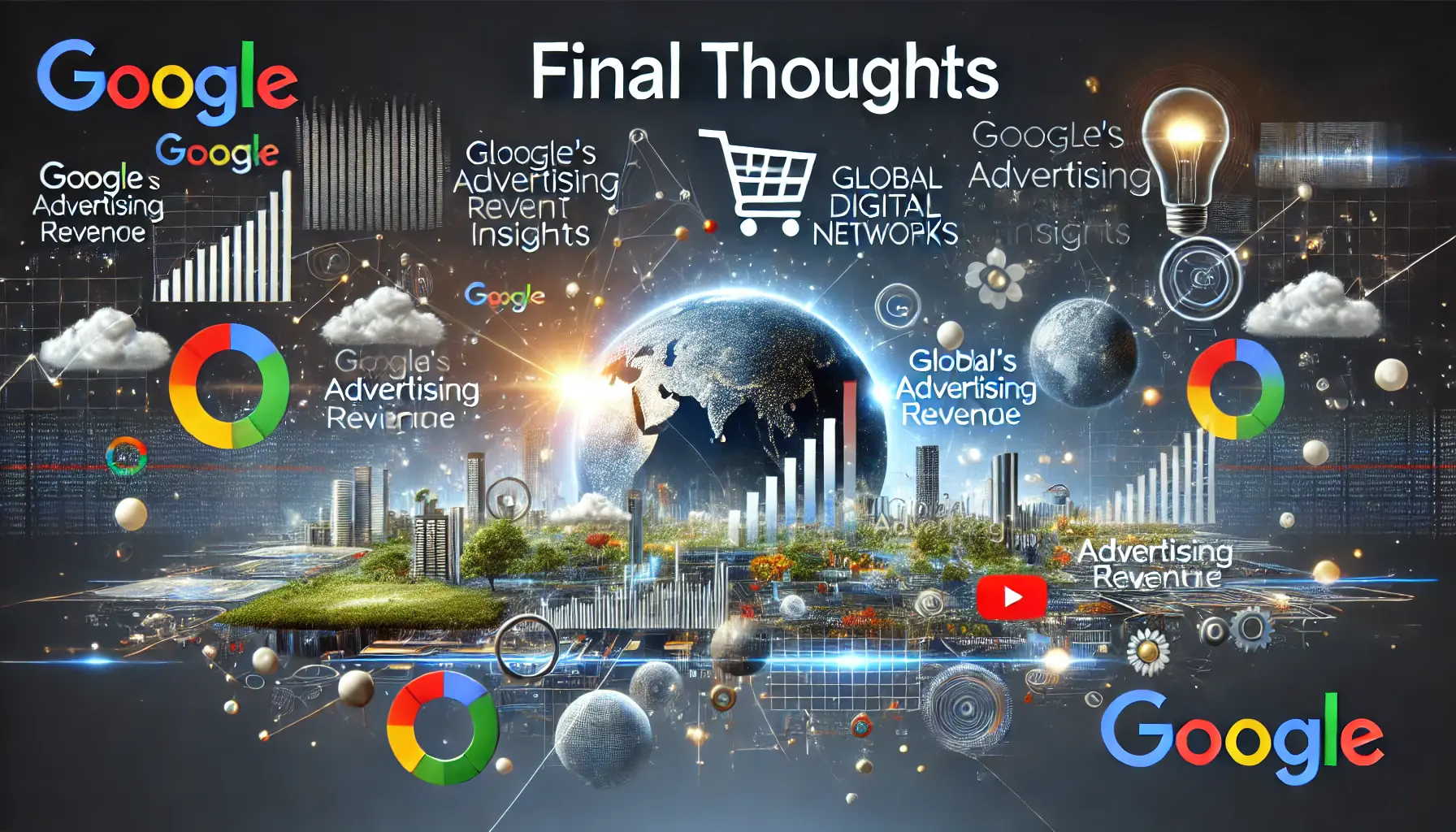 A professional representation of final thoughts on Google's advertising revenue insights, showing financial growth charts and digital networks.