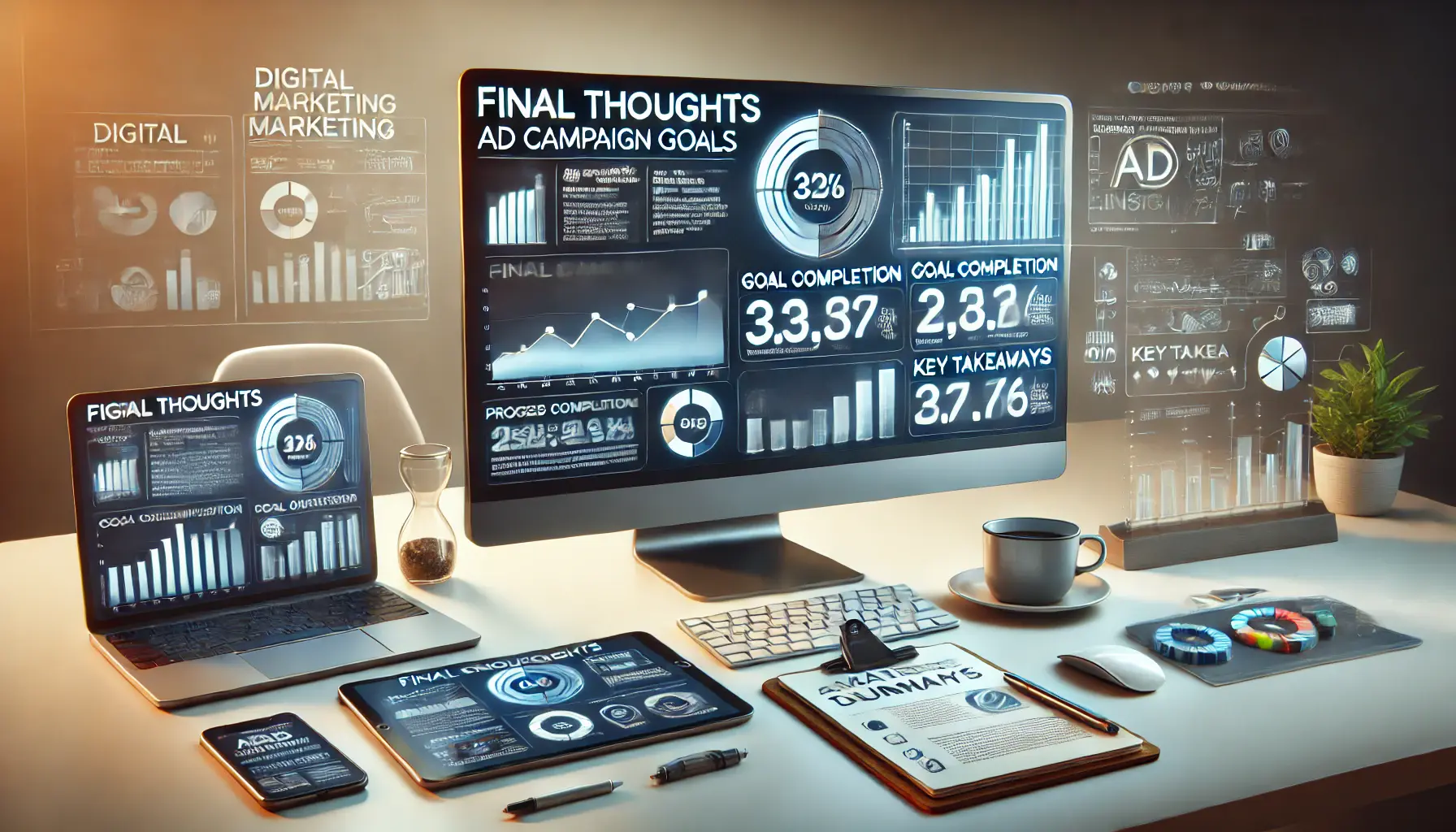 A digital marketing workspace with a monitor displaying the final summary of an ad campaign's performance, with charts and key takeaways.