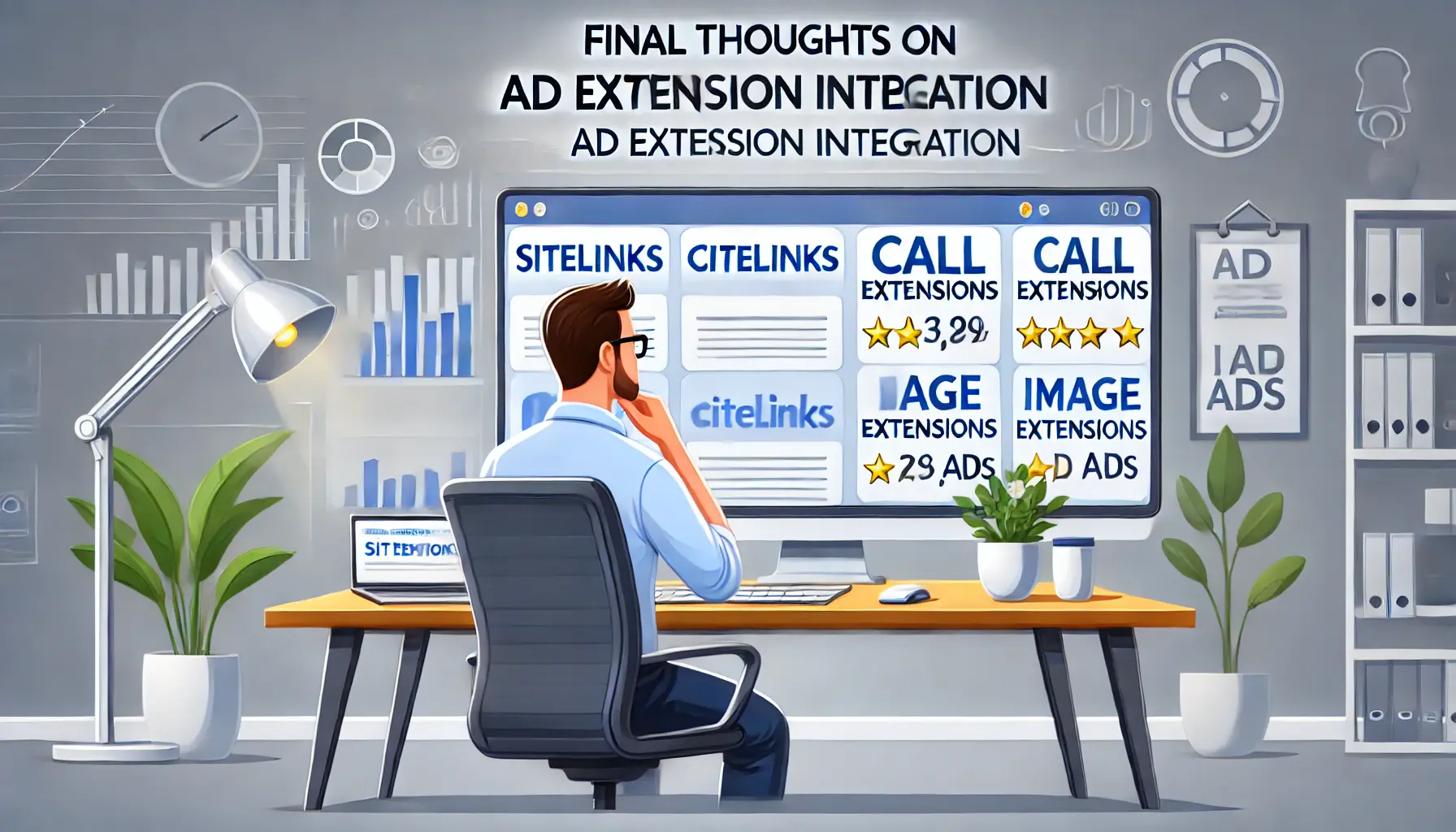 A digital marketing professional reviewing the final outcomes of an ad campaign with integrated ad extensions like sitelinks, call extensions, and image ads on the screen.