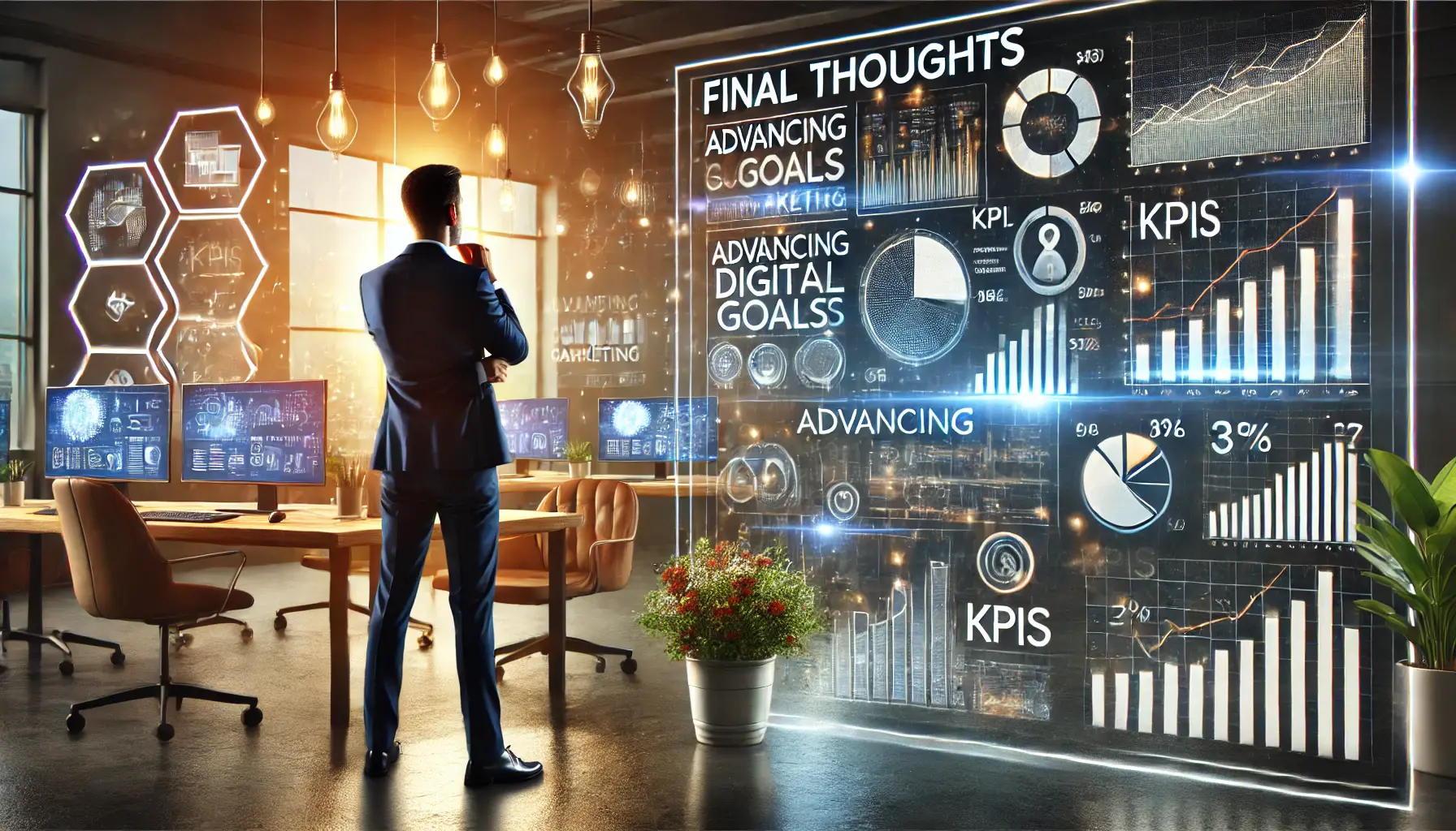 A marketer reflecting on successful digital marketing campaign results displayed on a digital dashboard with key performance indicators (KPIs).