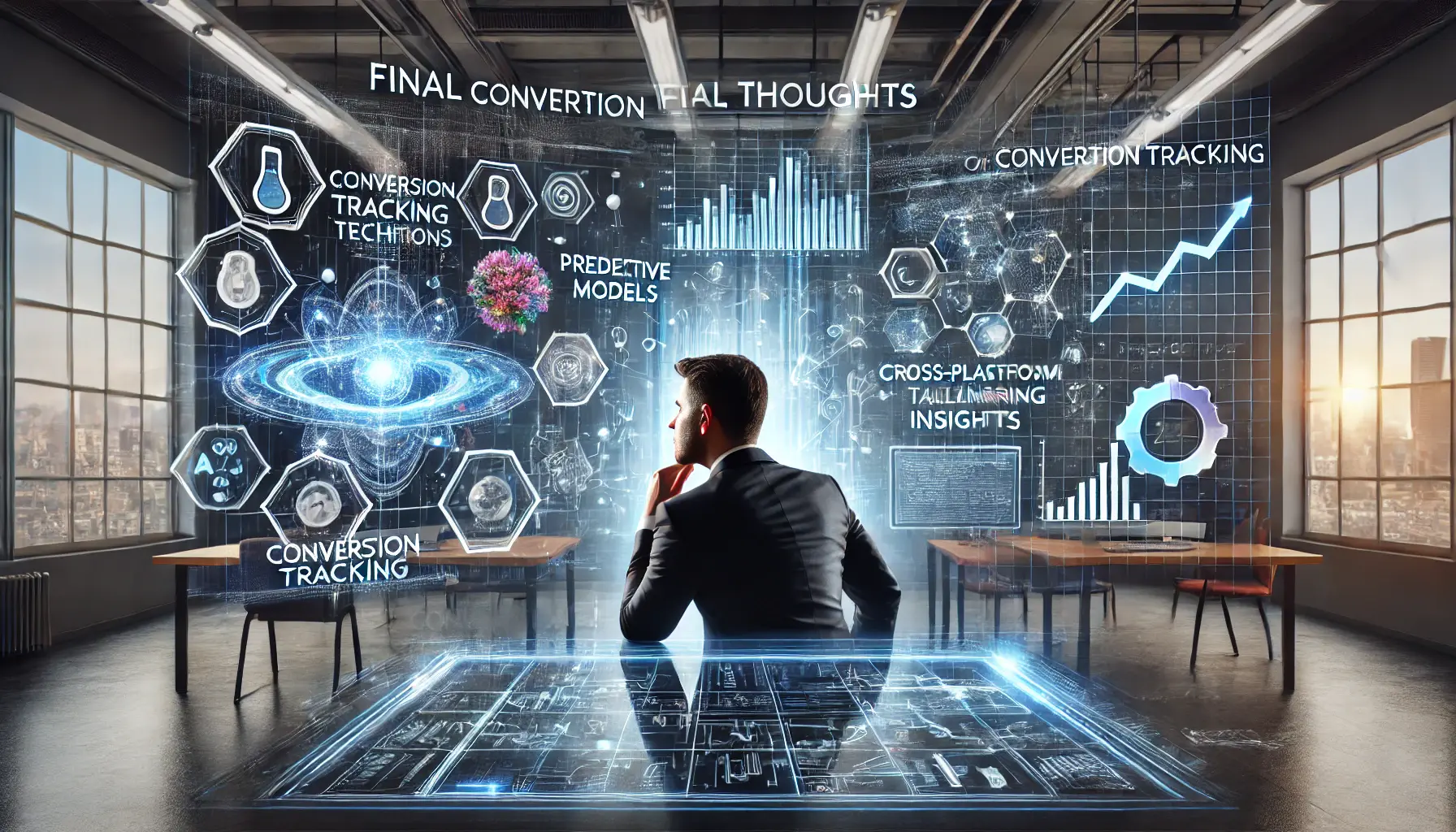 An image of a marketer reflecting on conversion tracking innovations, with a screen displaying predictive models and AI-driven insights.