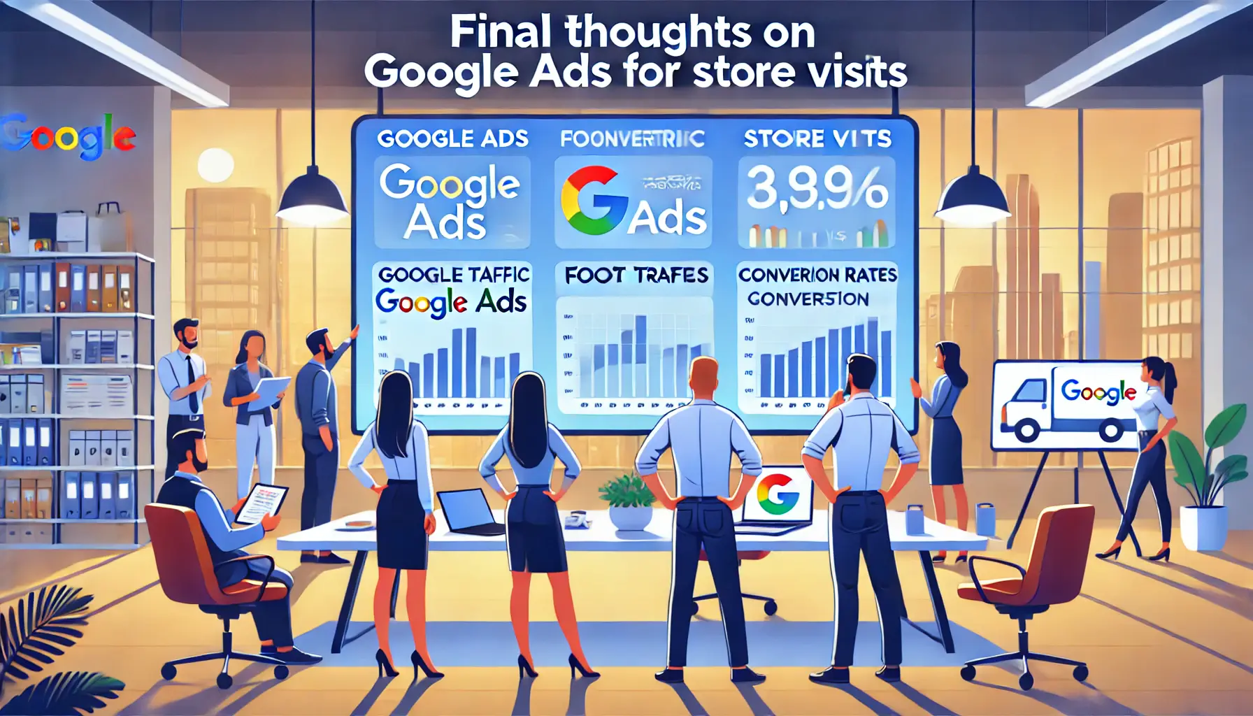 Digital marketing team analyzing a screen showing successful Google Ads campaign results, including foot traffic and conversion metrics.