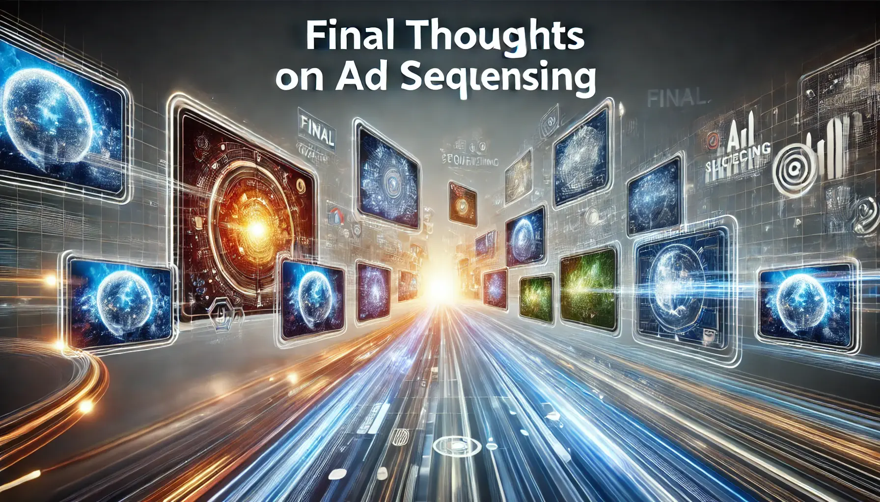 A dynamic representation of final thoughts on implementing ad sequencing, with digital screens coming together to symbolize the integration of ad techniques.