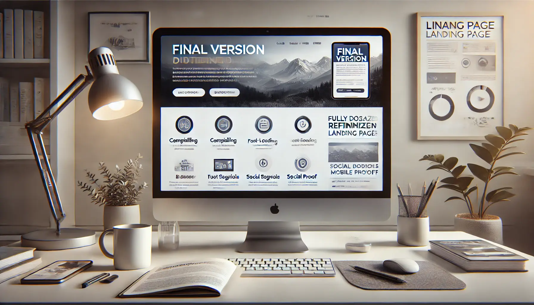 A professional workspace with a computer displaying a fully optimized landing page, featuring key elements like a call-to-action, trust signals, and mobile responsiveness.