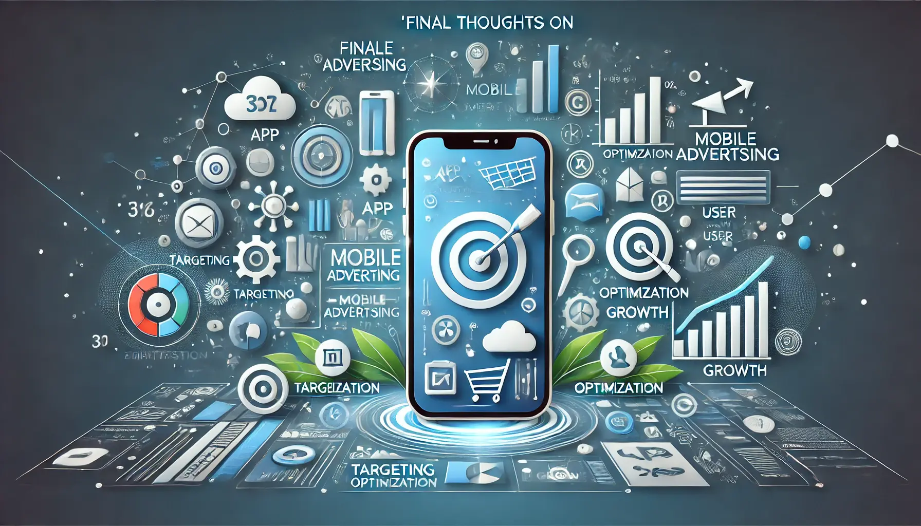 A smartphone surrounded by abstract symbols representing key aspects of mobile advertising, such as app icons, ad formats, performance graphs, and user engagement.