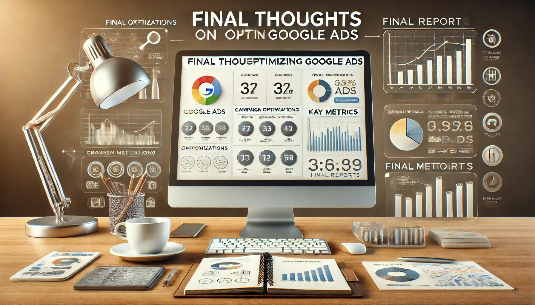 Illustration of a workspace with a computer showing a summary of campaign optimizations and key metrics, surrounded by planning tools.