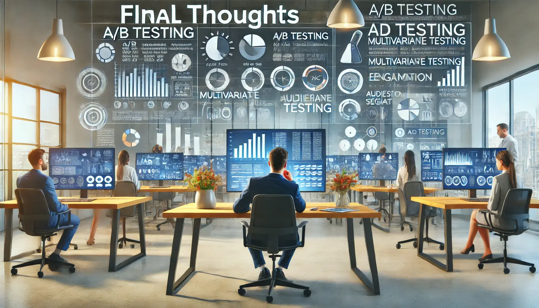 A digital marketer reflecting on insights from various ad testing methods in a modern office.