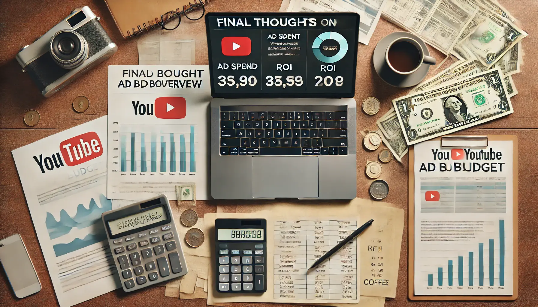 A workspace with a laptop displaying a completed YouTube ad budget overview, financial documents, a calculator, and a cup of coffee, symbolizing the final steps in YouTube ad budgeting.