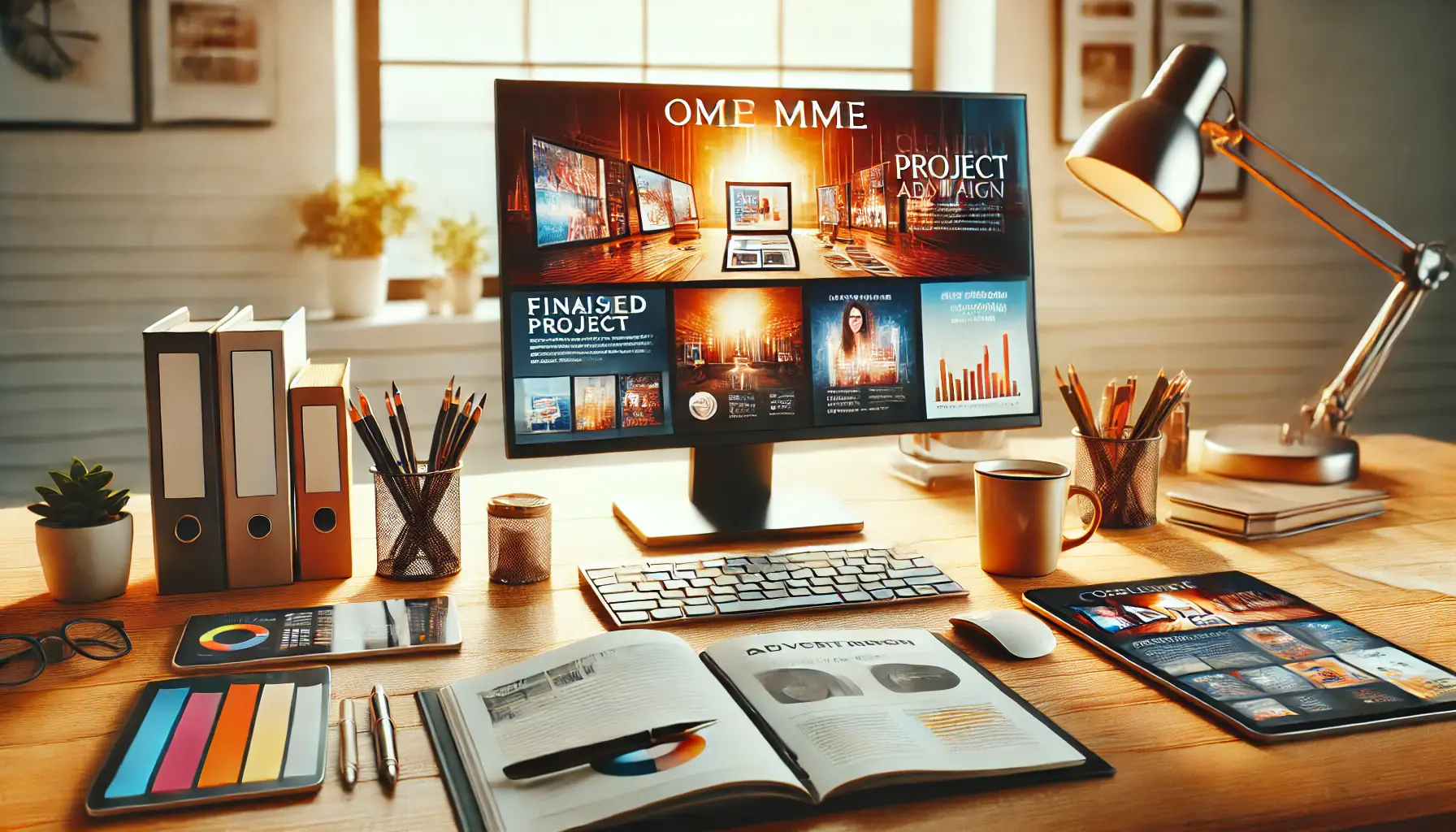 A professional workspace with a monitor displaying a finalized ad campaign, surrounded by tools symbolizing project completion.