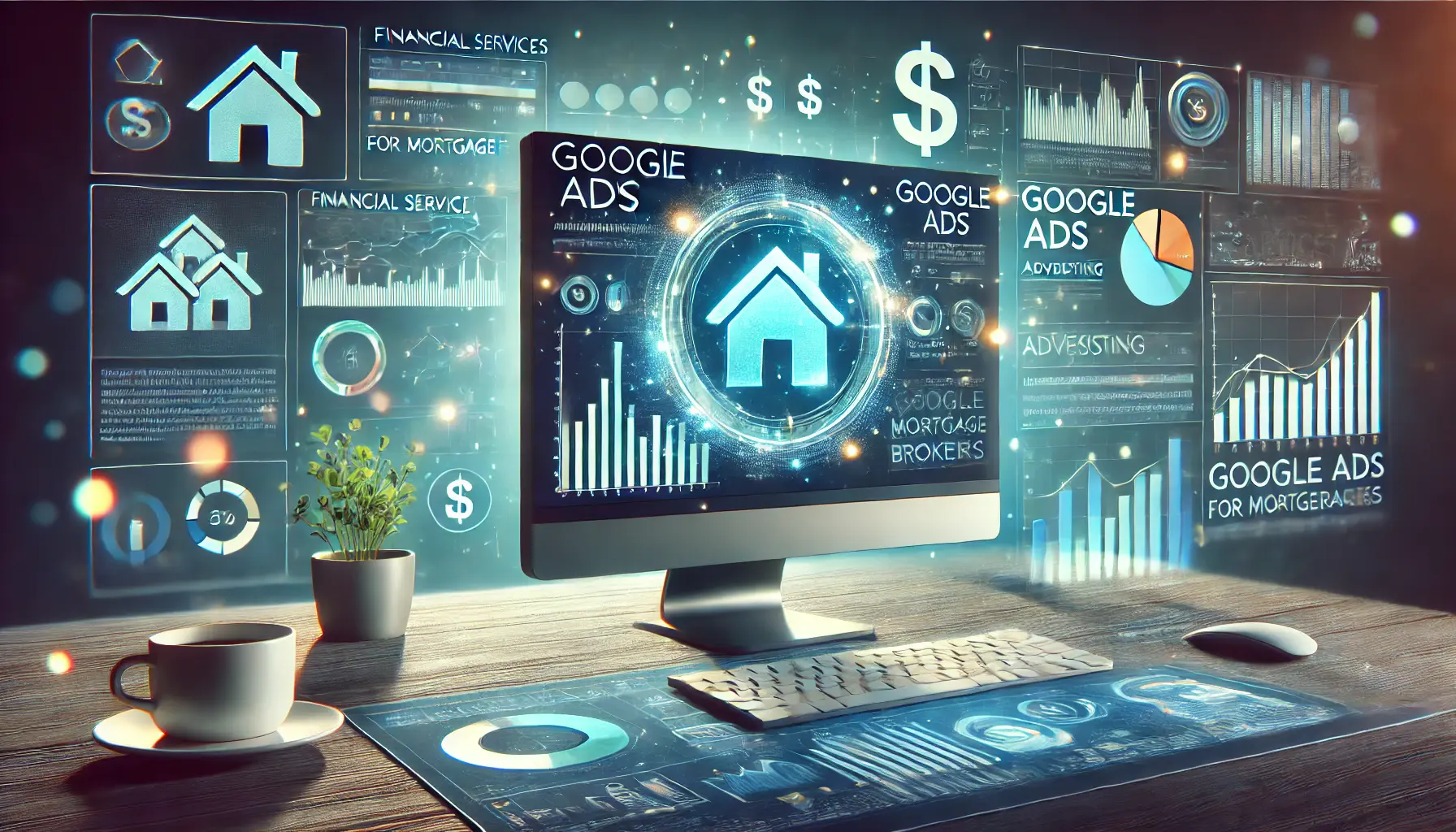 A professional workspace showcasing a glowing computer monitor with a Google Ads dashboard, surrounded by financial icons like a house and dollar signs.