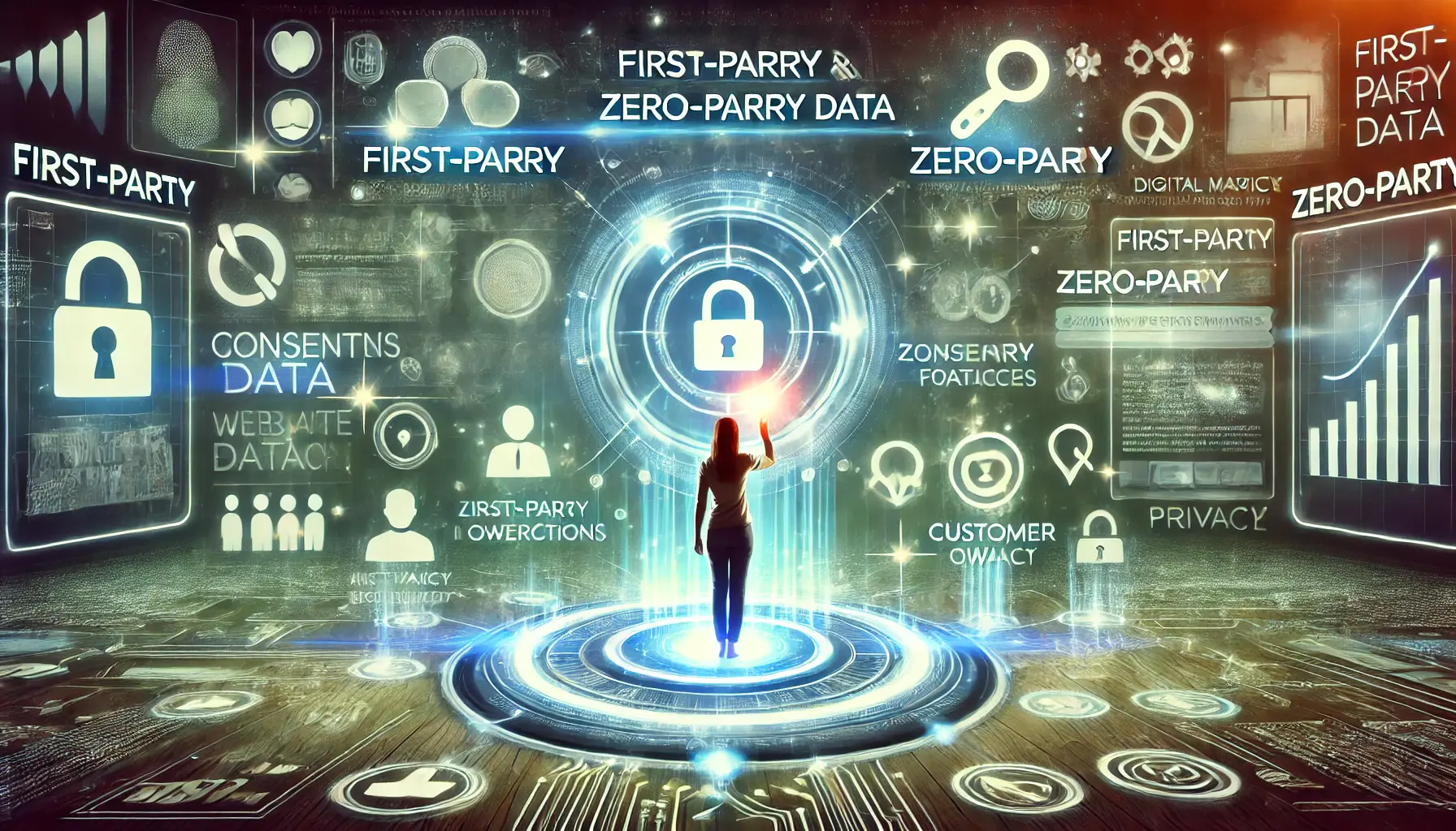 An image illustrating the forefront of first-party and zero-party data in digital marketing, with a focus on user interactions, consent, and customer preferences.