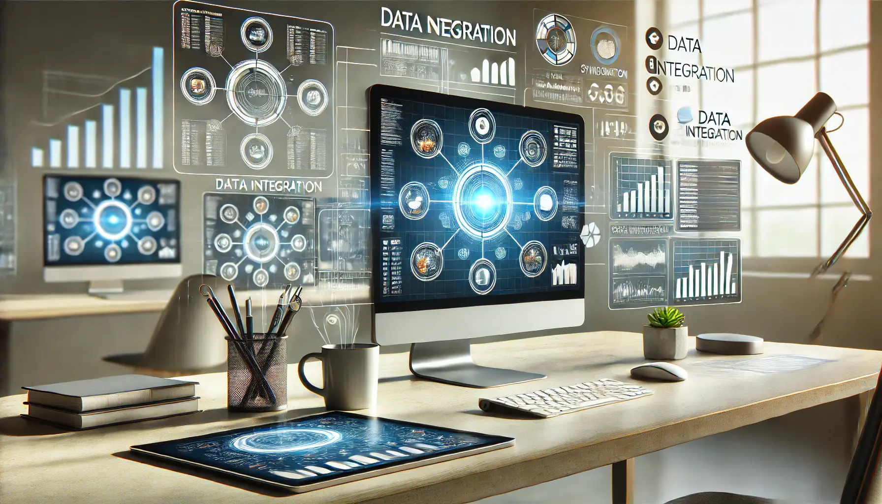 A modern digital workspace with multiple screens displaying integrated data from various sources, symbolizing Fivetran's data integration capabilities.