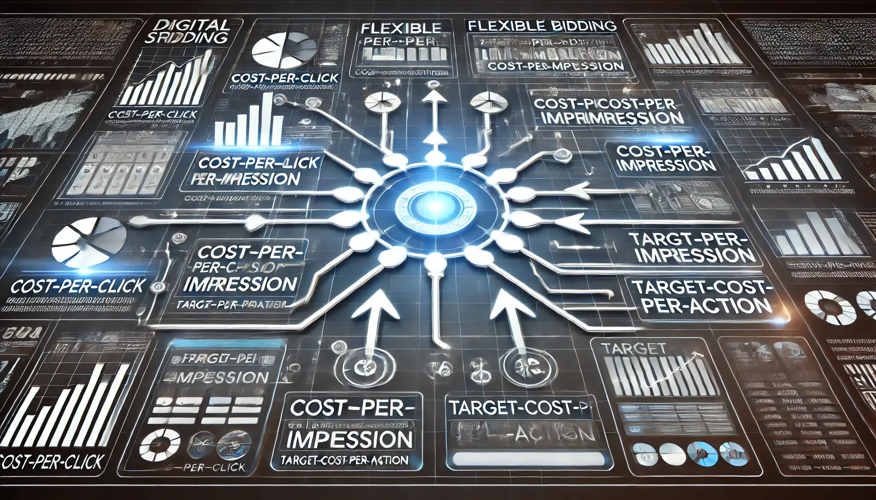 An image showing a digital dashboard with multiple bidding options like cost-per-click, cost-per-impression, and target-cost-per-action, symbolizing flexible bidding strategies in digital advertising.