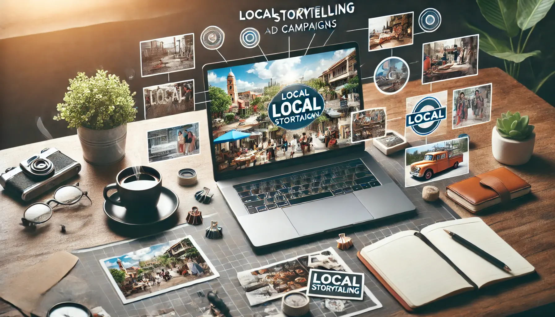 A laptop displaying a local ad campaign featuring landmarks and community events, surrounded by a coffee cup, notebook, and photographs capturing local culture.