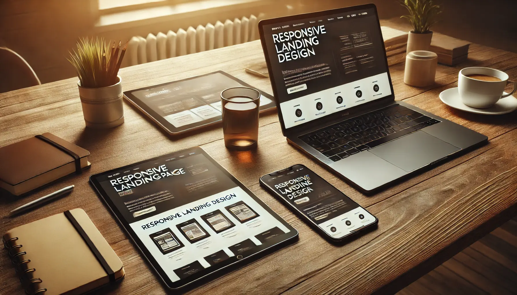 A workspace showcasing a smartphone, tablet, and laptop displaying a responsive landing page design optimized for mobile devices.