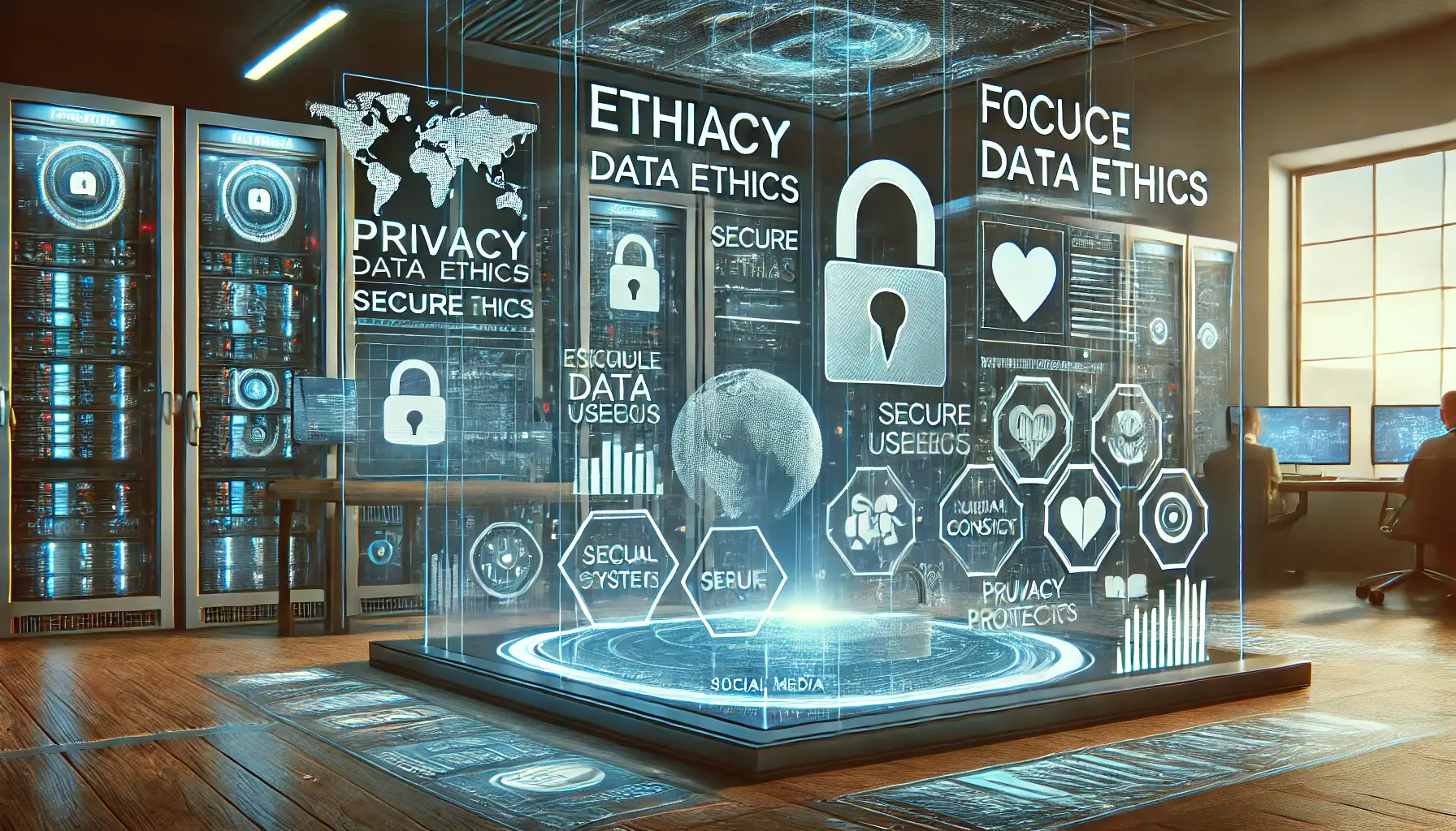 A modern digital workspace showcasing secure data systems with digital locks and secure servers, highlighting privacy and data ethics in social media analytics.